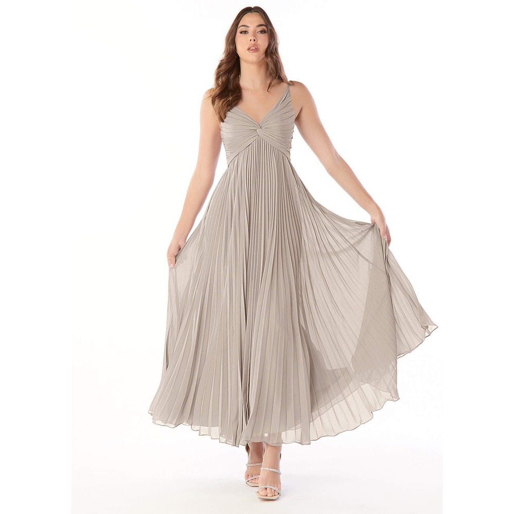 Uknzicl Taupe Pleated Twist Front Maxi Dress NWT Bridesmaid Formal V-Neck 60in